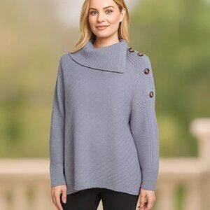 Evolution by Cyrus Blue Button Detail Women Cowl Neck Sweater Large Cozy Coastal